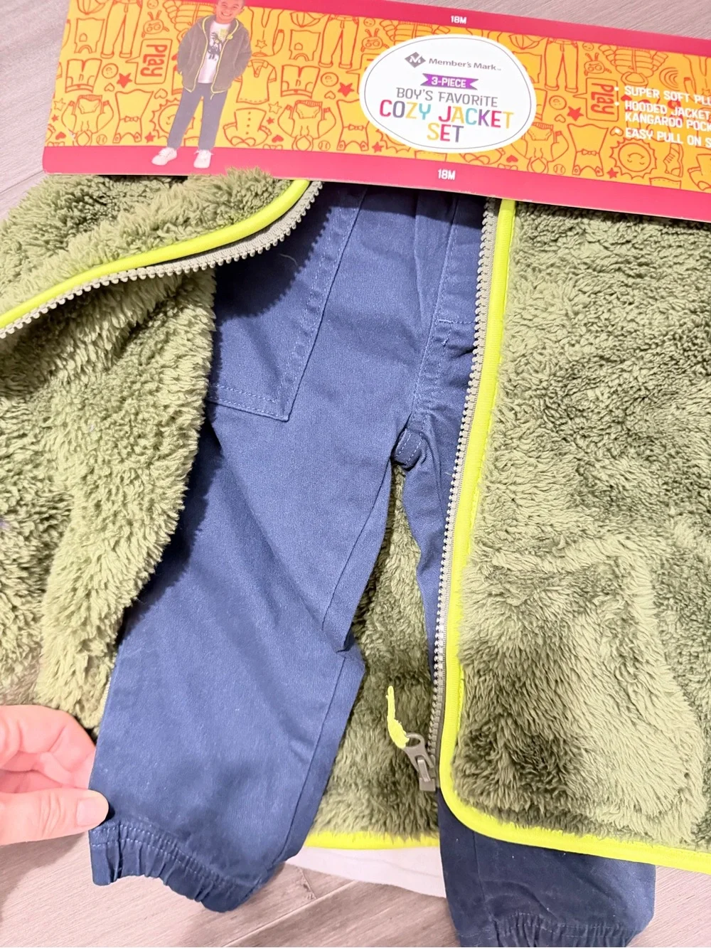 Kids Olive Green Fuzzy Puffer Jacket with Navy Pants and White Shirt Set